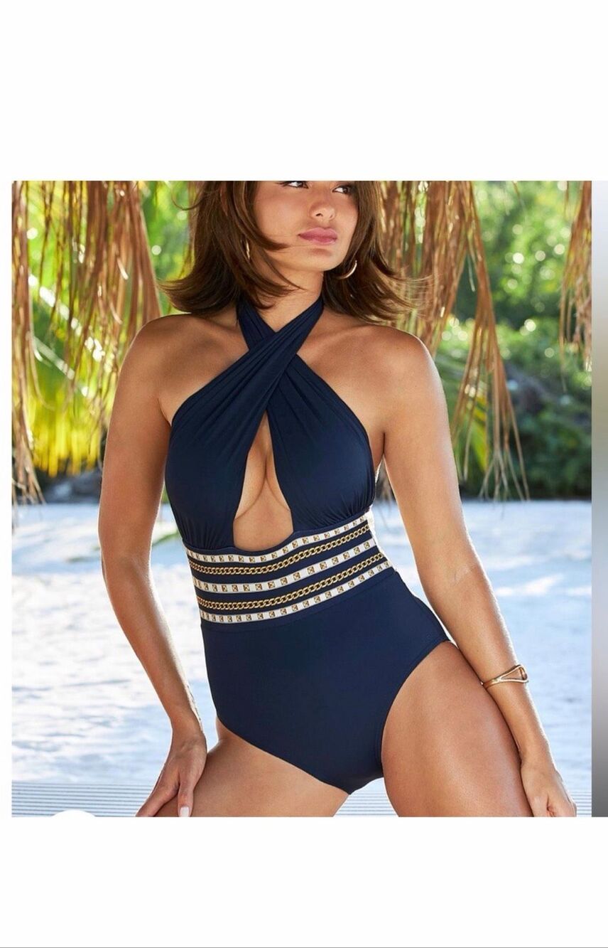 Michael Kors nautical, navy gold chain print one piece swimsuit, halter low cut
